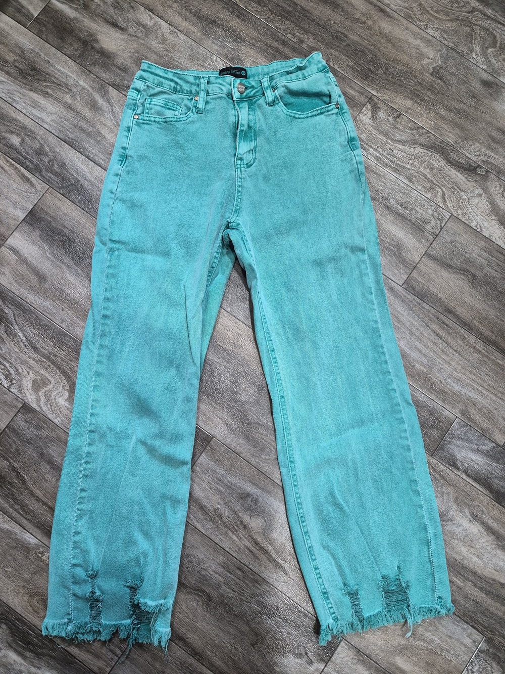 High-Rise Turquoise Straight Leg Jeans with Frayed Hem - Unbranded